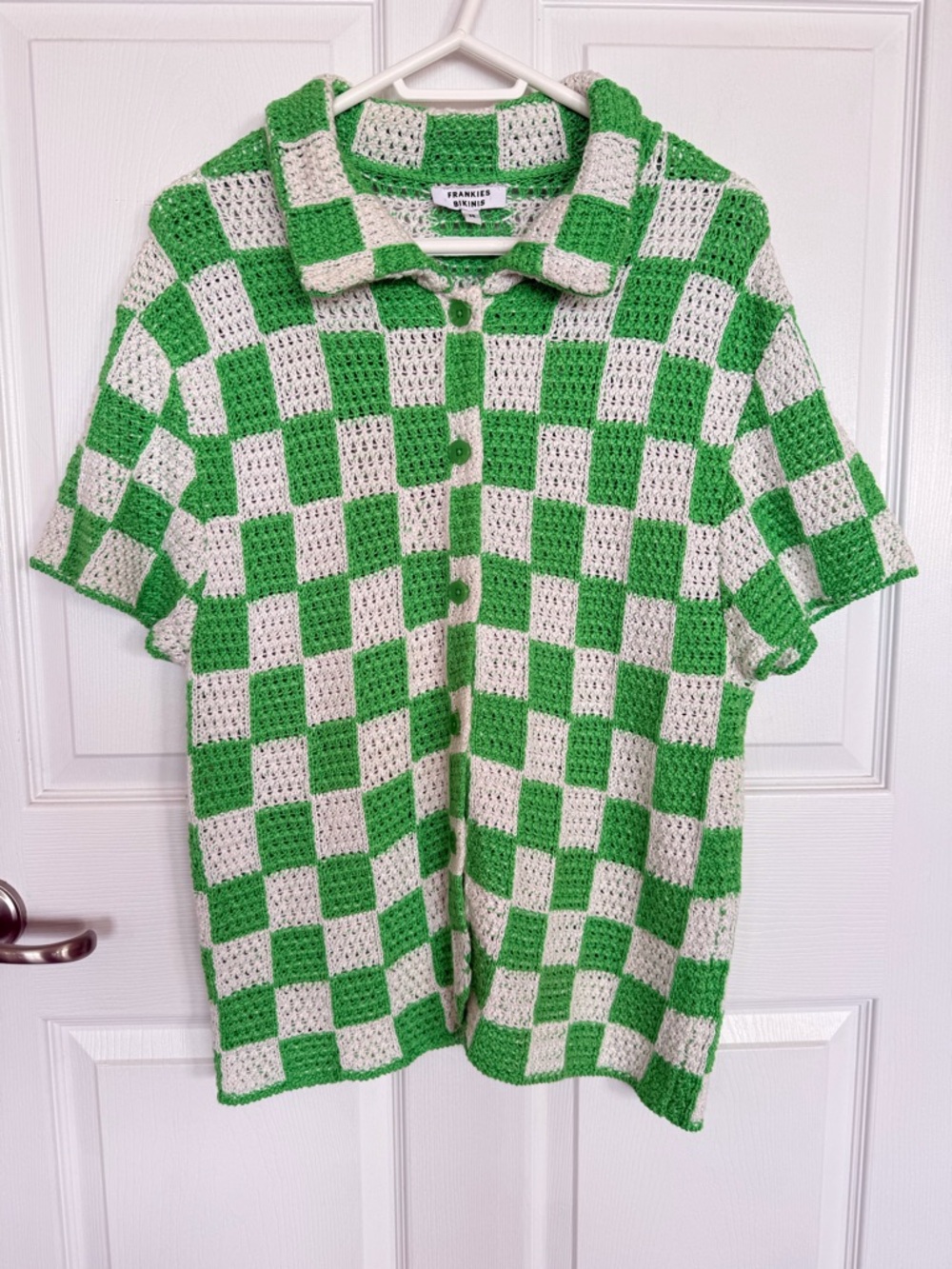 Frankie's Bikinis Green and White Crochet open knit Checkerboard Button-Up Shirt